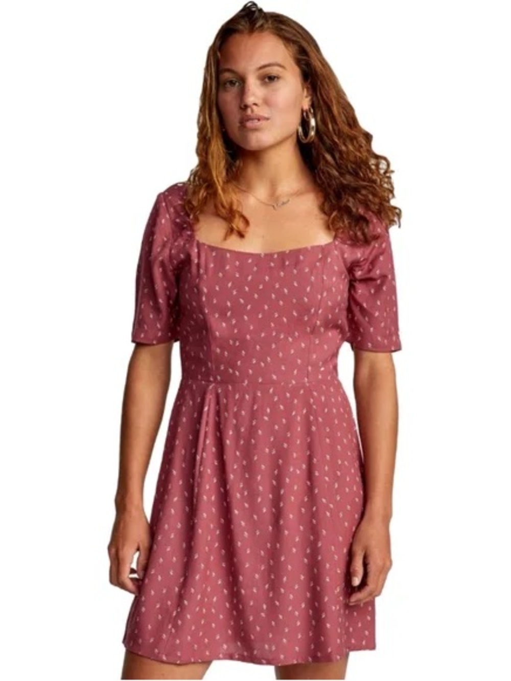 RVCA Women’s Square Neck Short Sleeve Dress in Dusty Rose